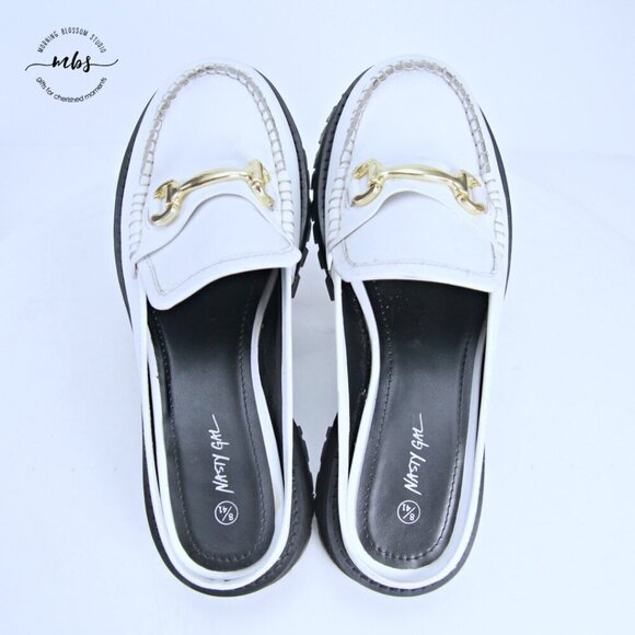Nasty Gal Leather Chunky Backless Loafers White Gold Women UK 8 EU 41 US 10 - Picture 12 of 15